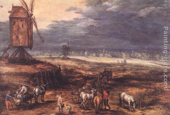 Landscape with Windmills painting - Jan the elder Brueghel Landscape with Windmills art painting